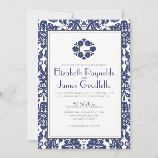 Damask Wedding Invitations Navy Blue Monogram Kaart (Voorkant)