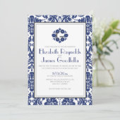 Damask Wedding Invitations Navy Blue Monogram Kaart (Staand voorkant)