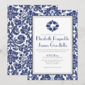 Damask Wedding Invitations Navy Blue Monogram Kaart (Voorkant / Achterkant)