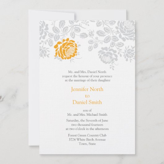 Damask Wedding Invitations Oranje en grijs Kaart (Voorkant)