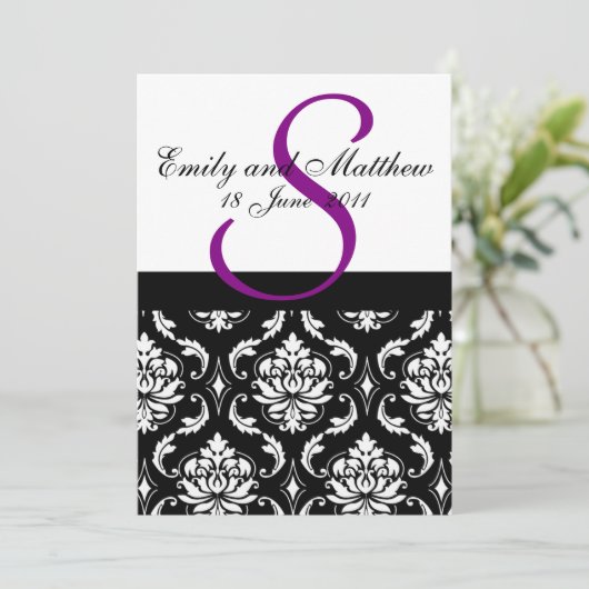 Damask Wedding Invitations Paarse Monogram Kaart (Staand voorkant)