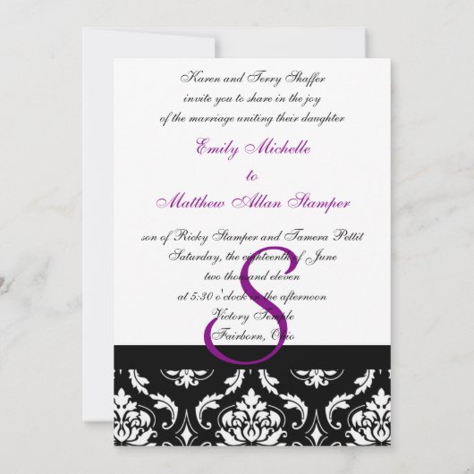Damask Wedding Invitations Paarse Monogram Kaart (Achterkant)
