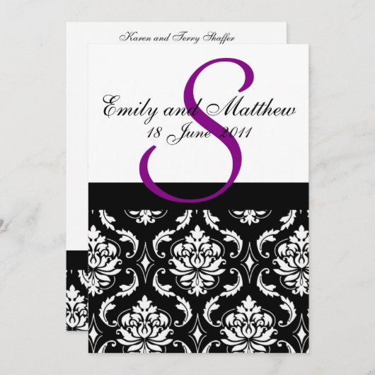Damask Wedding Invitations Paarse Monogram Kaart (Voorkant / Achterkant)