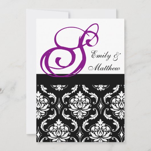Damask Wedding Invitations Paarse Monogrammen Kaart (Voorkant)