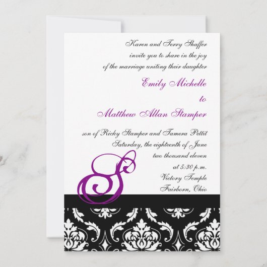 Damask Wedding Invitations Paarse Monogrammen Kaart (Achterkant)