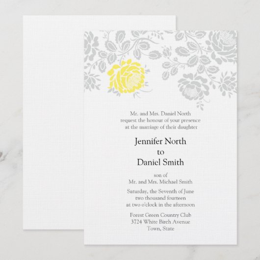 Damask Wedding Invitations Yellow and Grey Kaart (Voorkant / Achterkant)