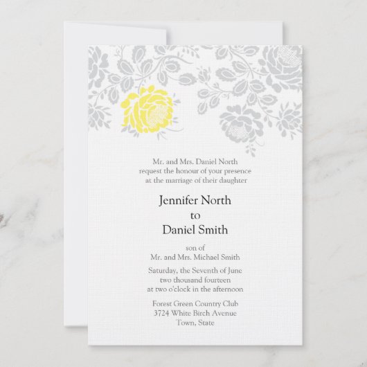 Damask Wedding Invitations Yellow and Grey Kaart (Voorkant)