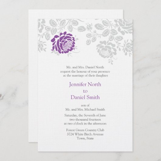 Damask Wedding Invitding Lavender and Grey Kaart (Voorkant / Achterkant)