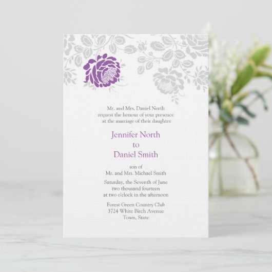 Damask Wedding Invitding Lavender and Grey Kaart (Staand voorkant)