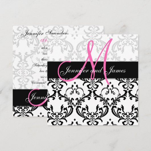 Damask Wedding Invitding Monogram Names Pink Kaart (Voorkant / Achterkant)