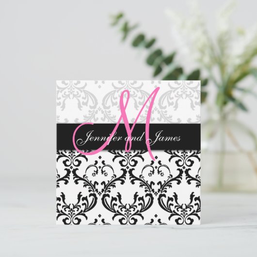 Damask Wedding Invitding Monogram Names Pink Kaart (Staand voorkant)