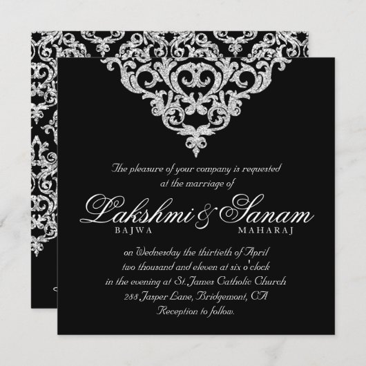 Damask Wedding Invite Diamond Sparkle Silver Lace Kaart (Voorkant / Achterkant)