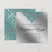Damask Wedding Invite Sparkle Silver Blauwgroen Kaart (Voorkant / Achterkant)