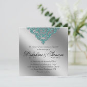 Damask Wedding Invite Sparkle Silver Blauwgroen Kaart (Staand voorkant)