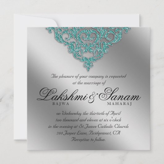 Damask Wedding Invite Sparkle Silver Blauwgroen Kaart (Voorkant)