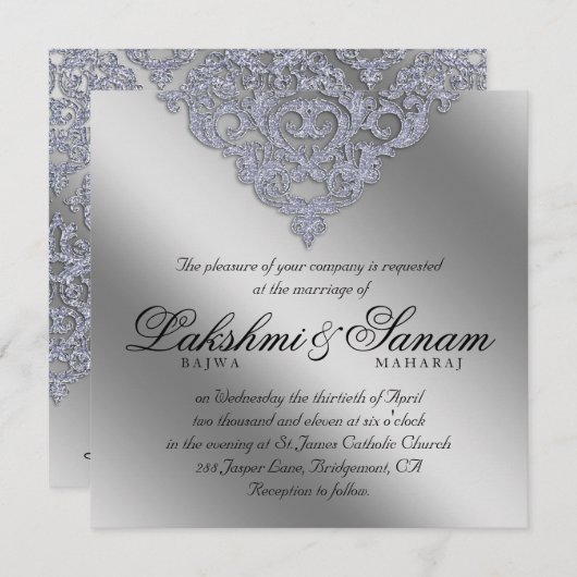 Damask Wedding Invite Sparkle Silver Lace Kaart (Voorkant / Achterkant)
