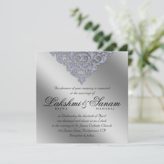 Damask Wedding Invite Sparkle Silver Lace Kaart (Staand voorkant)