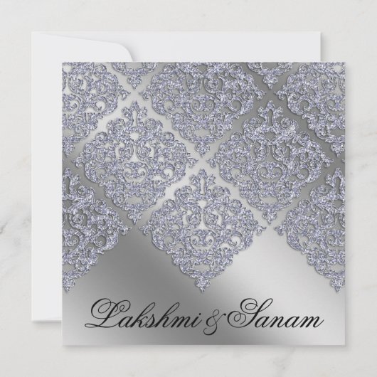 Damask Wedding Invite Sparkle Silver Lace Kaart (Achterkant)