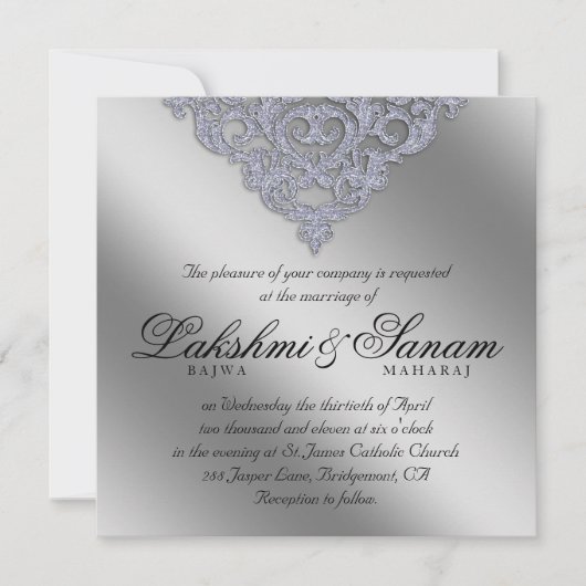 Damask Wedding Invite Sparkle Silver Lace Kaart (Voorkant)