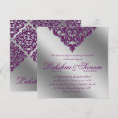 Damask Wedding Invite Sparkle Silver Paars 2 Kaart (Voorkant / Achterkant)