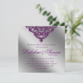 Damask Wedding Invite Sparkle Silver Paars 2 Kaart (Staand voorkant)