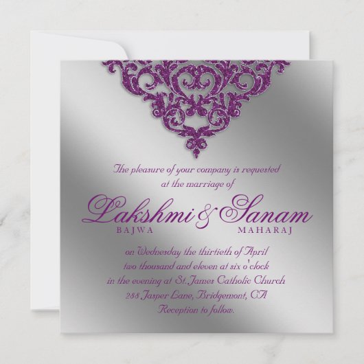 Damask Wedding Invite Sparkle Silver Paars 2 Kaart (Voorkant)