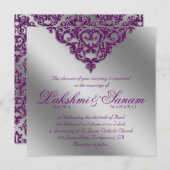 Damask Wedding Invite Sparkle Silver Paars Kaart (Voorkant / Achterkant)