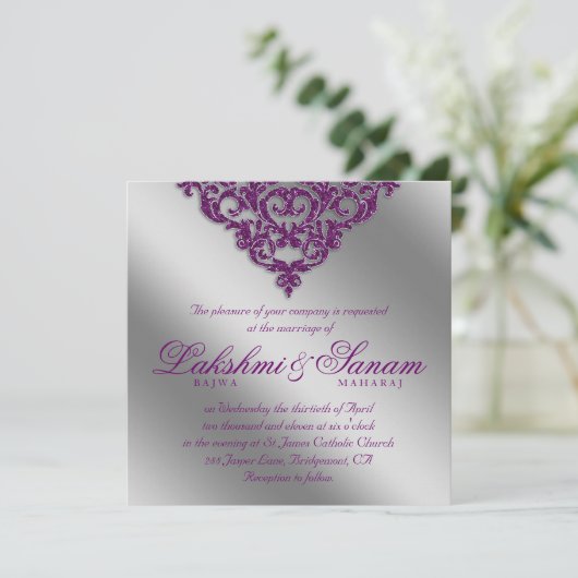 Damask Wedding Invite Sparkle Silver Paars Kaart (Staand voorkant)