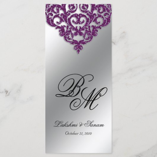 Damask Wedding Menu Kaarten Paarse Glitter Bright (Achterkant)