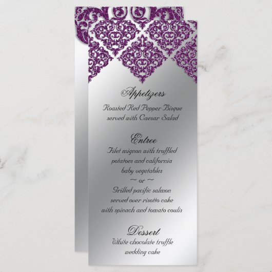 Damask Wedding Menu Kaarten Paarse Glitter Bright (Voorkant / Achterkant)