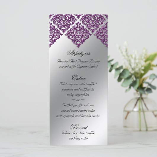 Damask Wedding Menu Kaarten Paarse Glitter Bright (Staand voorkant)