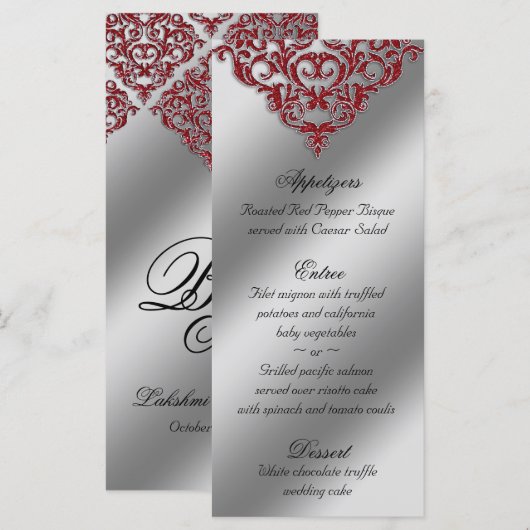 Damask Wedding Menu Kaarten Red Sparkle Xmas (Voorkant / Achterkant)