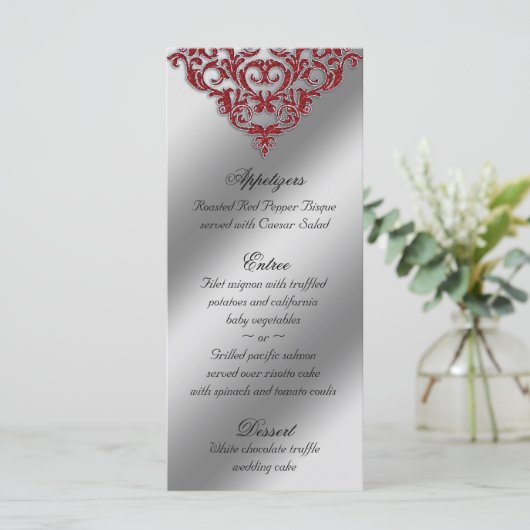 Damask Wedding Menu Kaarten Red Sparkle Xmas (Staand voorkant)