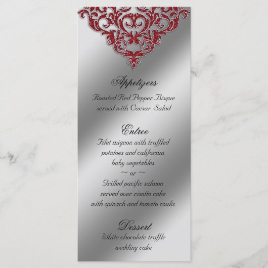 Damask Wedding Menu Kaarten Red Sparkle Xmas (Voorkant)