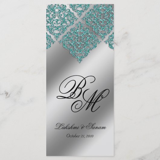 Damask Wedding Menu Kaarten Sparkle Blauwgroen Bla (Achterkant)