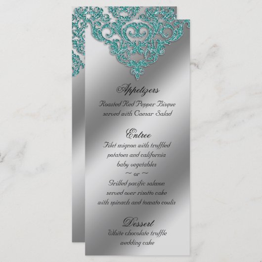 Damask Wedding Menu Kaarten Sparkle Blauwgroen Bla (Voorkant / Achterkant)