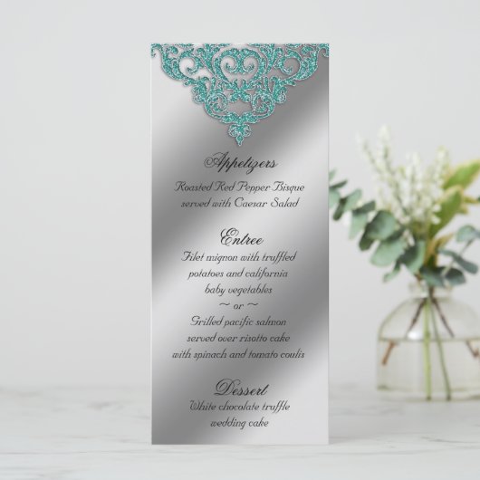 Damask Wedding Menu Kaarten Sparkle Blauwgroen Bla (Staand voorkant)