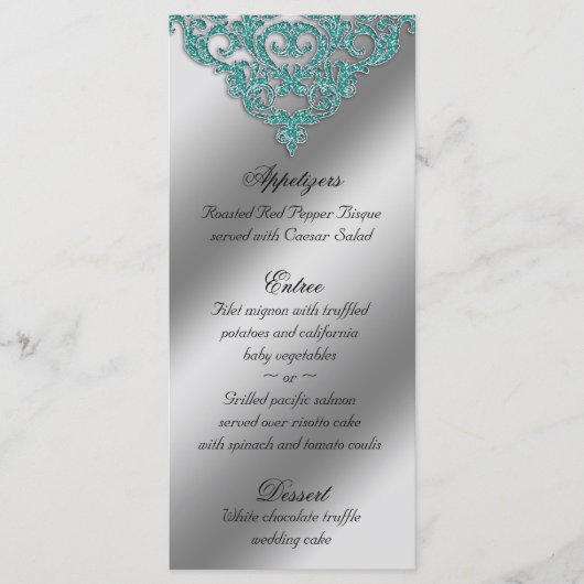 Damask Wedding Menu Kaarten Sparkle Blauwgroen Bla (Voorkant)