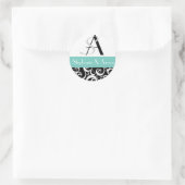 Damask Wedding Monogram in Black en Aqua Ronde Sticker (Tas)
