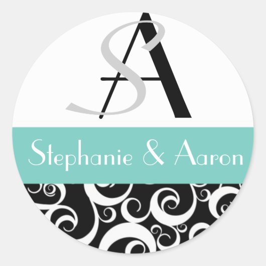 Damask Wedding Monogram in Black en Aqua Ronde Sticker (Voorkant)