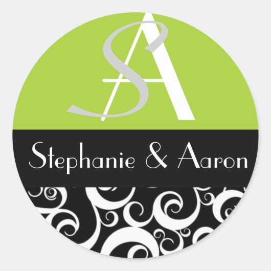 Damask Wedding Monogram in Black en Green Ronde Sticker (Voorkant)