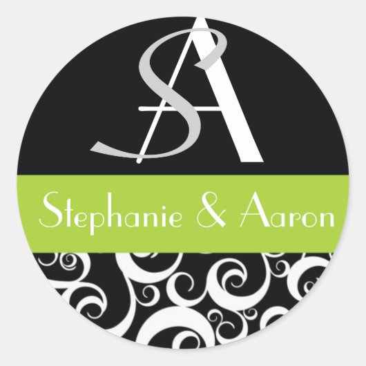 Damask Wedding Monogram in Black en Green Ronde Sticker (Voorkant)