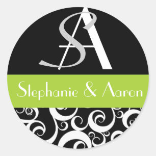 Damask Wedding Monogram in Black en Green Ronde Sticker