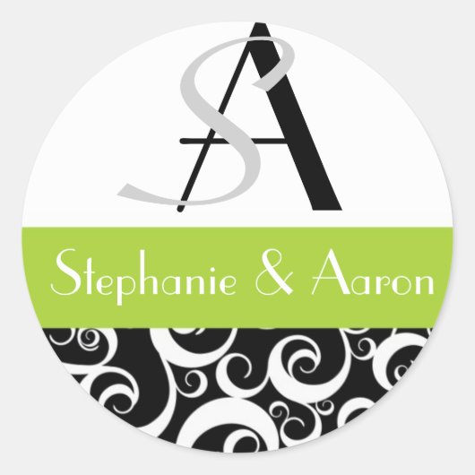 Damask Wedding Monogram in Black en Green Ronde Sticker (Voorkant)