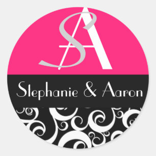 Damask Wedding Monogram in Black en Hot Pink Ronde Sticker