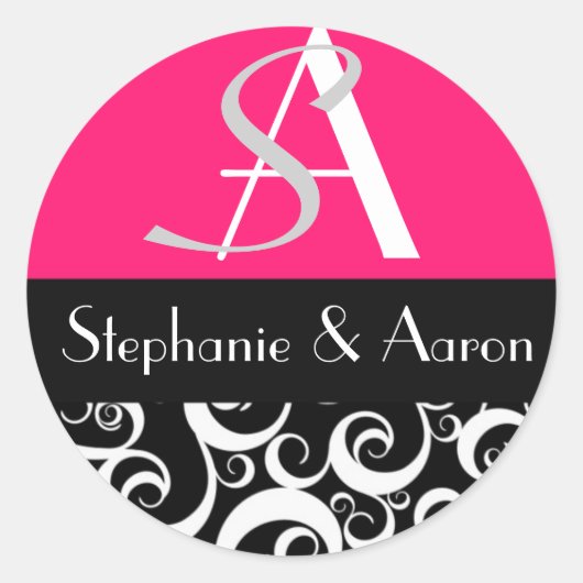 Damask Wedding Monogram in Black en Hot Pink Ronde Sticker (Voorkant)