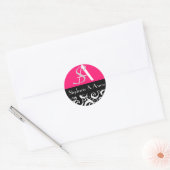 Damask Wedding Monogram in Black en Hot Pink Ronde Sticker (Envelop)