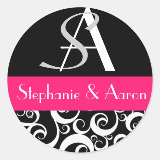Damask Wedding Monogram in Black en Hot Pink Ronde Sticker (Voorkant)