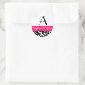 Damask Wedding Monogram in Black en Hot Pink Ronde Sticker (Tas)
