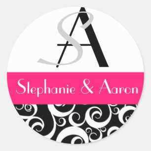 Damask Wedding Monogram in Black en Hot Pink Ronde Sticker